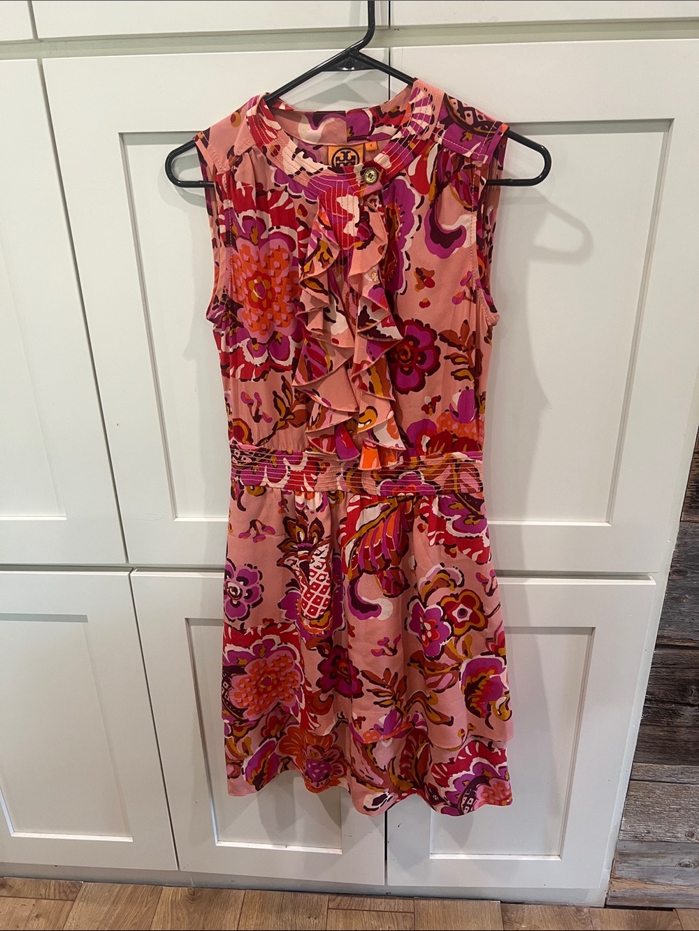 Tory Burch Darilynn Pink Grapefruit Wildflower Ruffle Silk Dress Size 2
